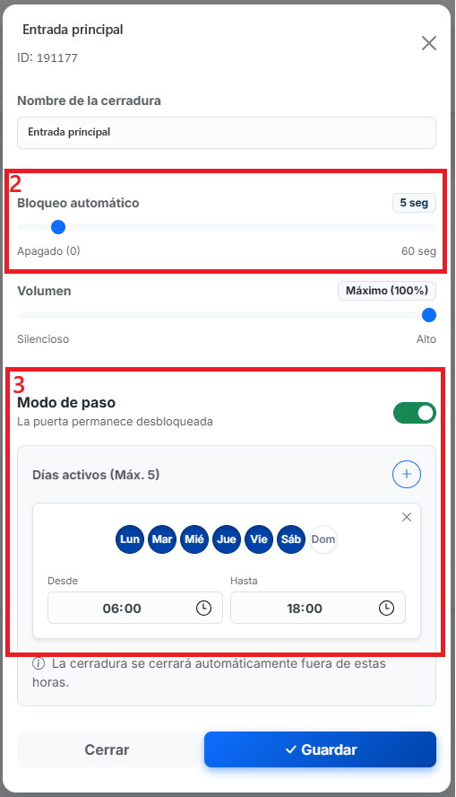 Modal de Configuración de Cerradura - Haga clic para ampliar