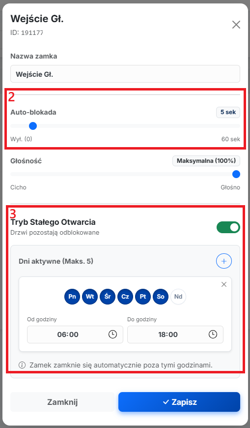 Modal Ustawień Zamka - Kliknij, aby powiększyć